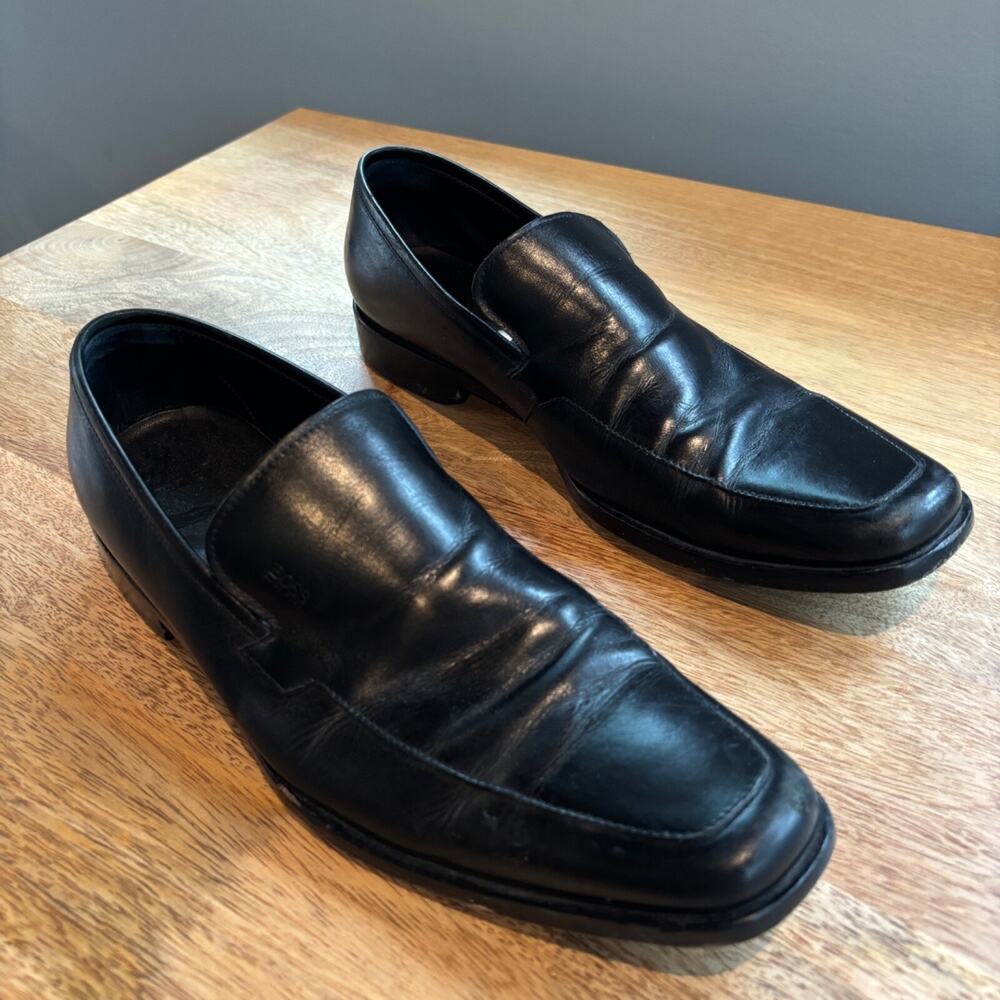 Hugo Boss Men’s Black Leather Loafers Size 9.5M Square Toe Slip-On Dress Shoes